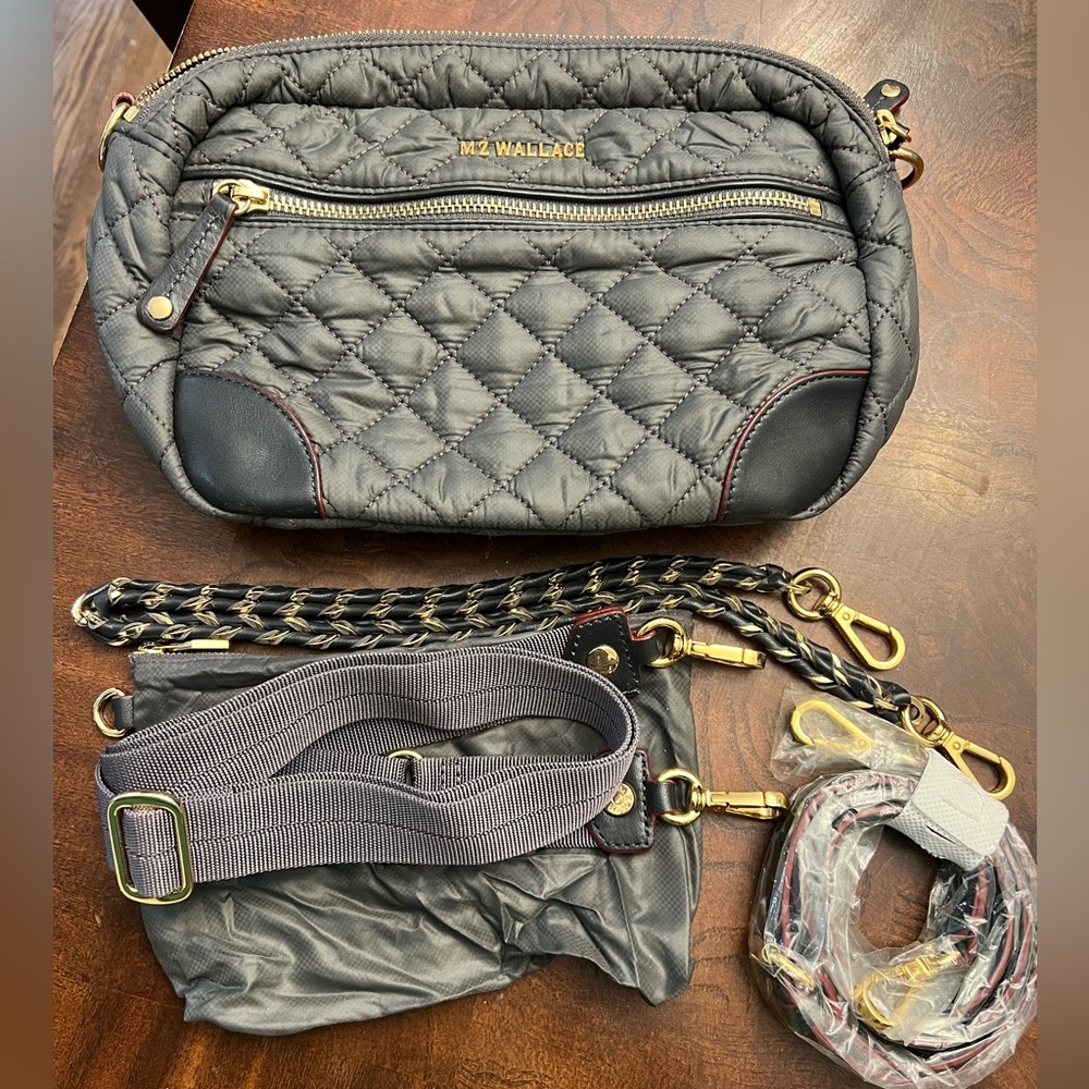 MZ Wallace Quilted Crossbody Bag in Charcoal with Gold Hardware